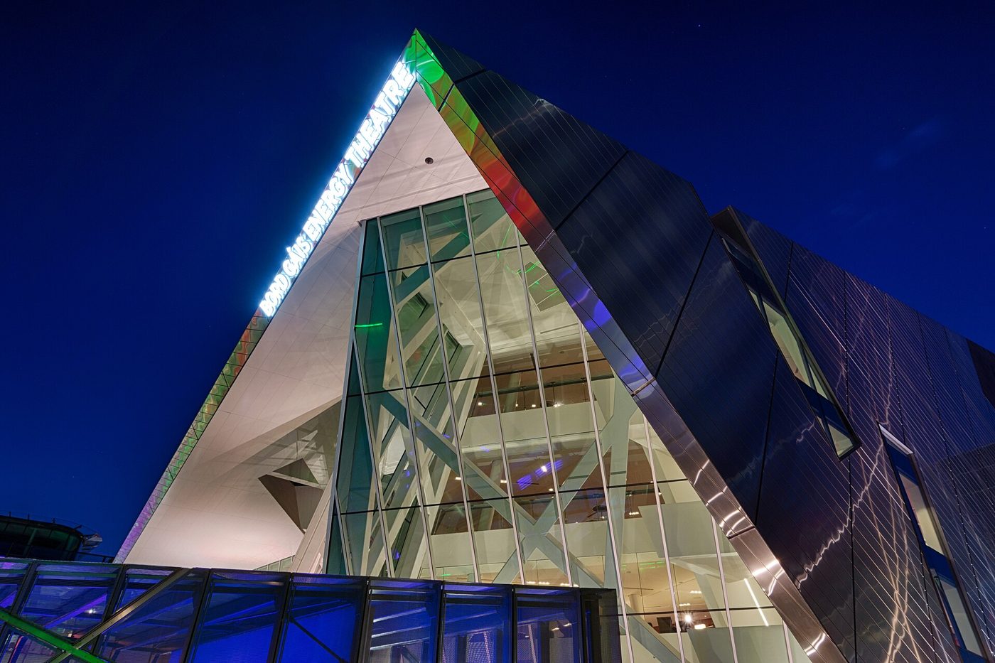 Bord Gáis Energy Theatre's glass front lit up at night