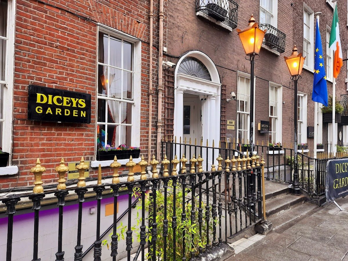 Dicey's Garden's Georgian front on Harcourt Street, with its sign, lanterns and railings